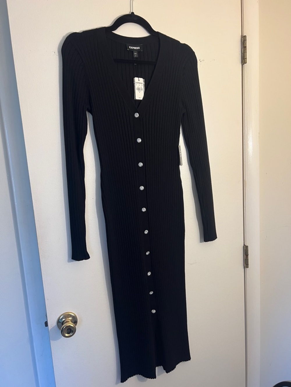 Express Black Ribbed Button-Front Long Sleeve Dress